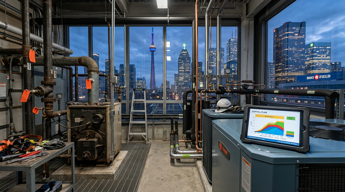 Commercial office mechanical room mid-retrofit, with an older gas boiler beside a new electric heat pump and Toronto office towers visible through the windows